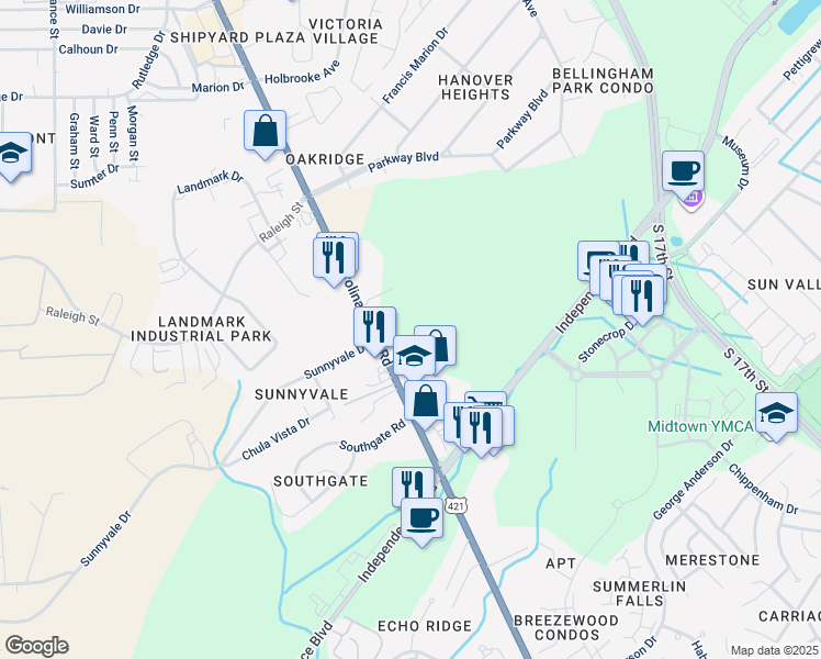 map of restaurants, bars, coffee shops, grocery stores, and more near 3623 Carolina Beach Road in Wilmington