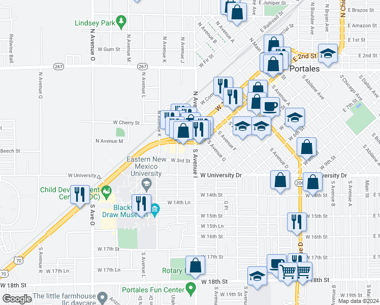 map of restaurants, bars, coffee shops, grocery stores, and more near 213 South Avenue H in Portales