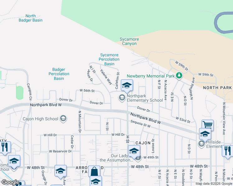 map of restaurants, bars, coffee shops, grocery stores, and more near 5604 Yosemite Drive in San Bernardino