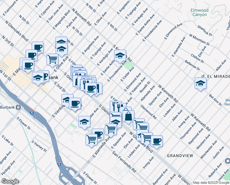 map of restaurants, bars, coffee shops, grocery stores, and more near 507 East Cedar Avenue in Burbank