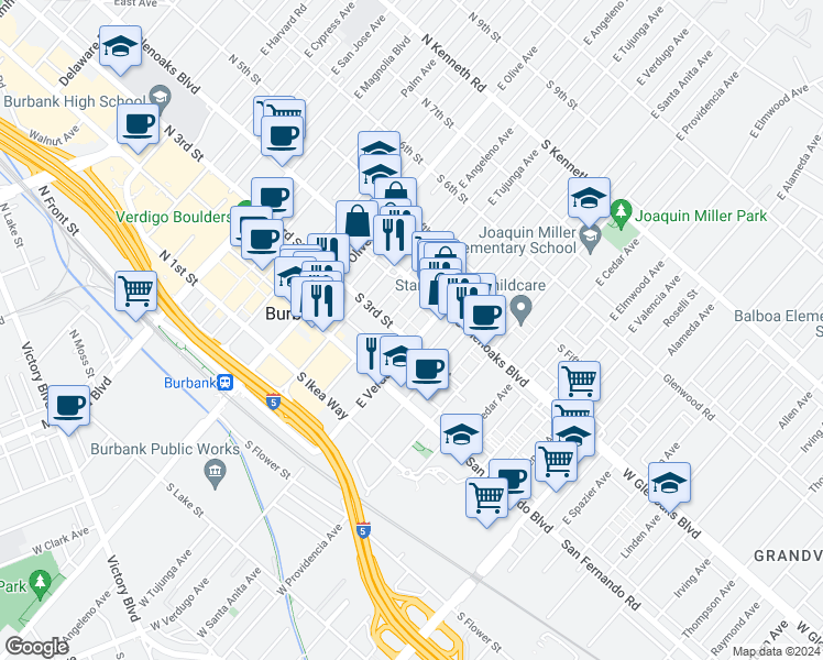 map of restaurants, bars, coffee shops, grocery stores, and more near 300 East Tujunga Avenue in Burbank