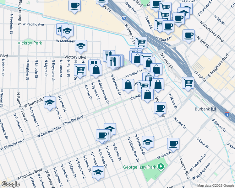 map of restaurants, bars, coffee shops, grocery stores, and more near 730 North Mariposa Street in Burbank