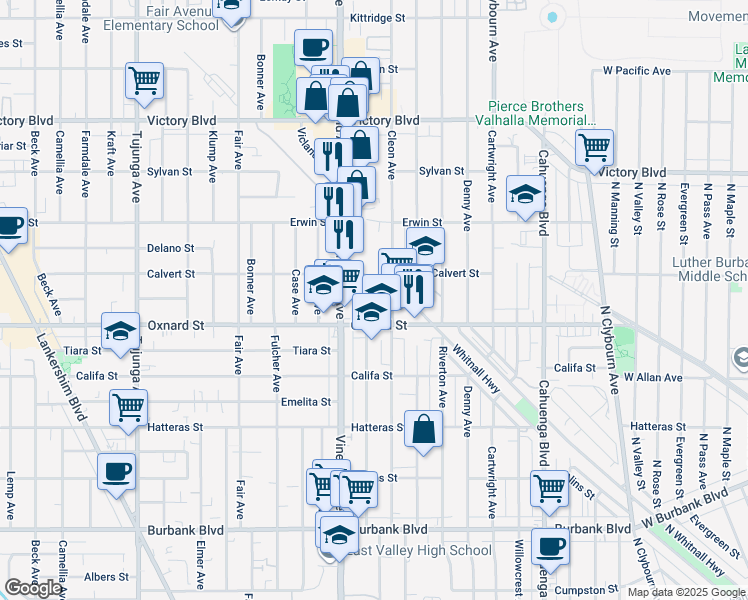 map of restaurants, bars, coffee shops, grocery stores, and more near 6039 Craner Avenue in Los Angeles