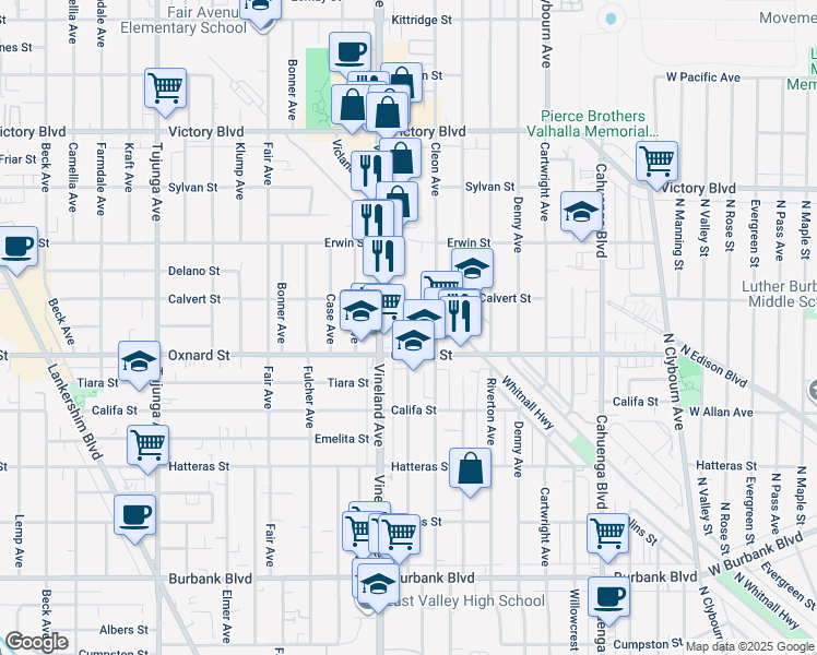 map of restaurants, bars, coffee shops, grocery stores, and more near 6039 Craner Avenue in Los Angeles