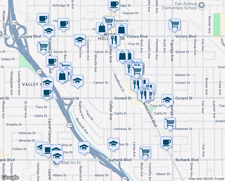 map of restaurants, bars, coffee shops, grocery stores, and more near 6036 Colfax Avenue in Los Angeles