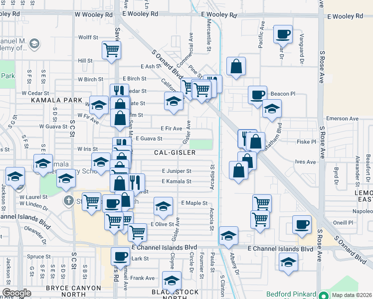 map of restaurants, bars, coffee shops, grocery stores, and more near in Oxnard