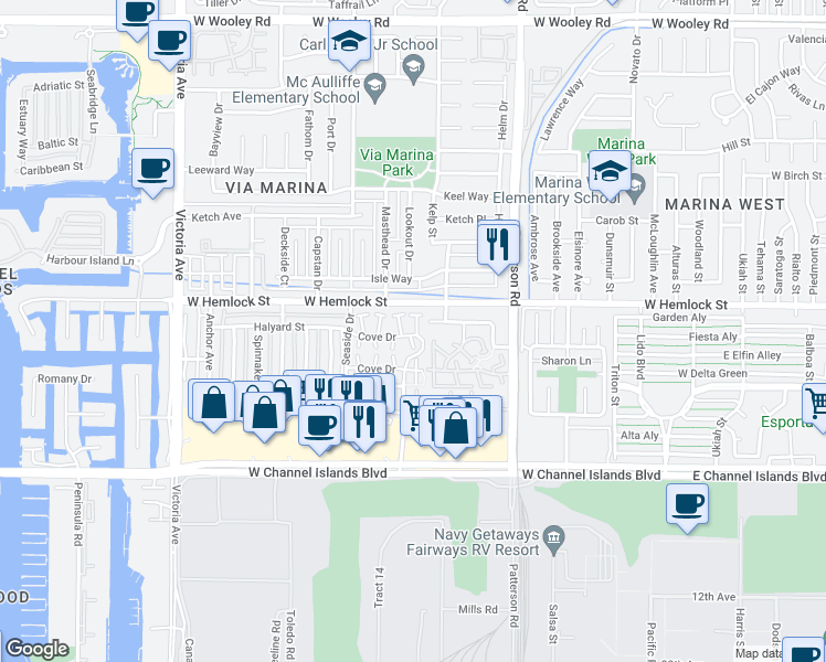 map of restaurants, bars, coffee shops, grocery stores, and more near 2648 Foghorn Cove in Port Hueneme