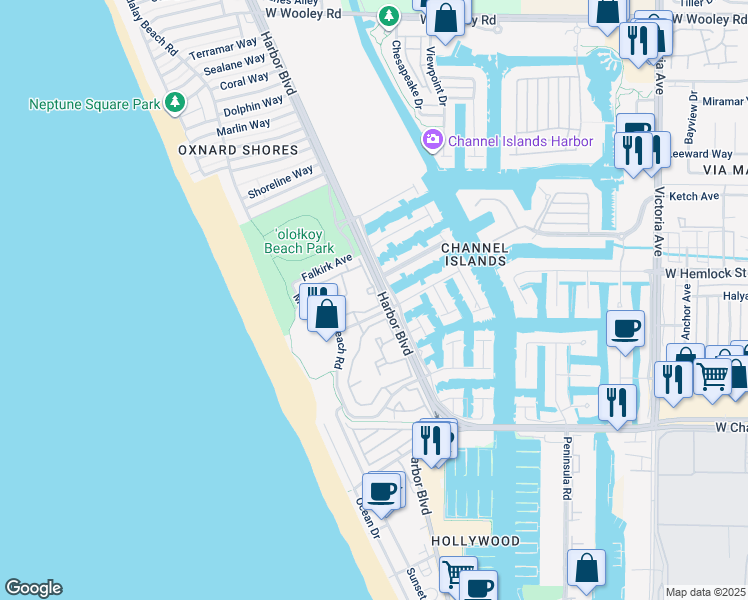 map of restaurants, bars, coffee shops, grocery stores, and more near 2027 Majorca Drive in Oxnard