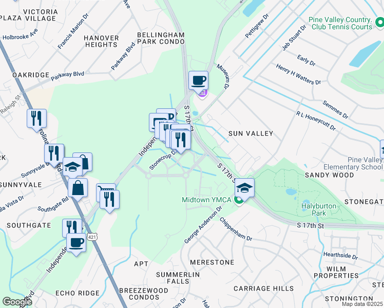 map of restaurants, bars, coffee shops, grocery stores, and more near 1499 Barclay Pointe Boulevard in Wilmington