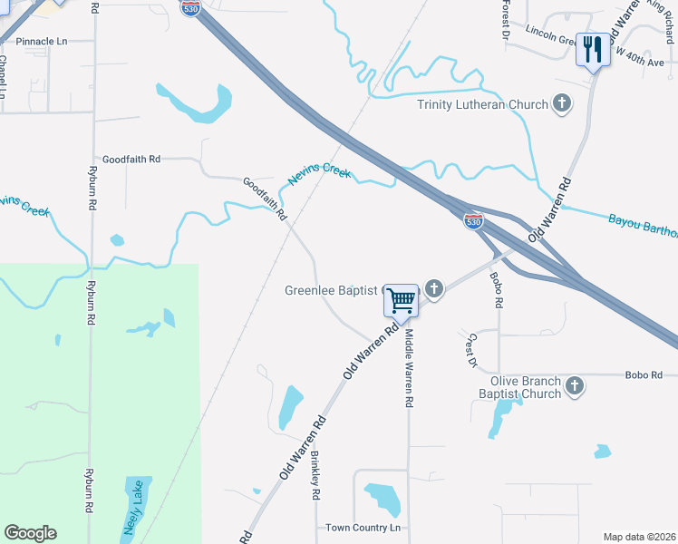 map of restaurants, bars, coffee shops, grocery stores, and more near 5000 Old Warren Road in Pine Bluff