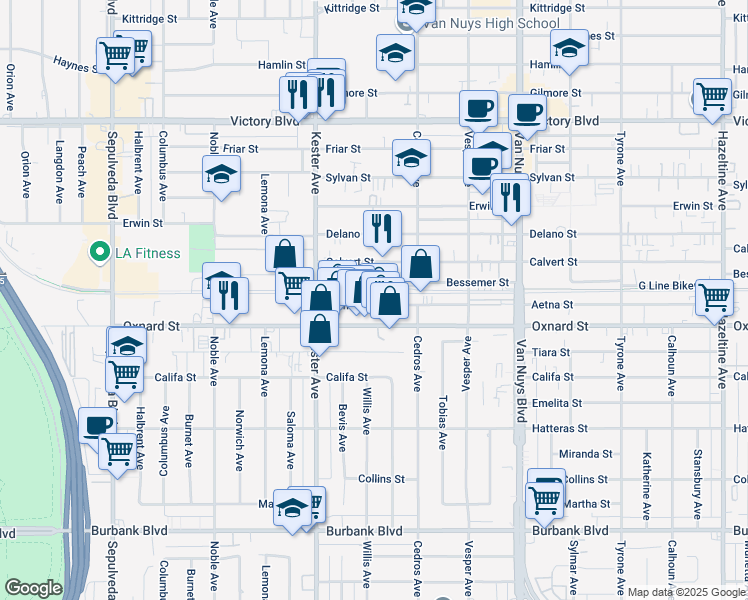 map of restaurants, bars, coffee shops, grocery stores, and more near 14755 Aetna Street in Los Angeles