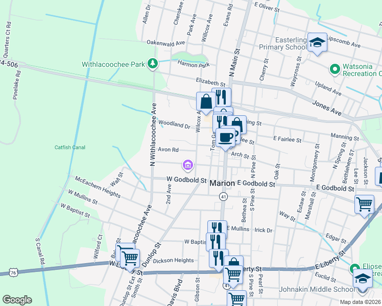 map of restaurants, bars, coffee shops, grocery stores, and more near 212 Wilcox Avenue in Marion