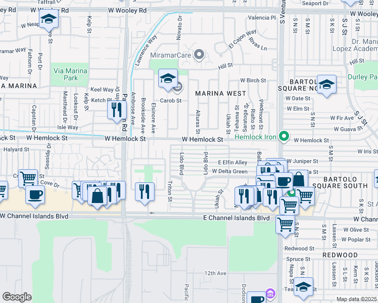map of restaurants, bars, coffee shops, grocery stores, and more near 62 West Garden Green in Port Hueneme
