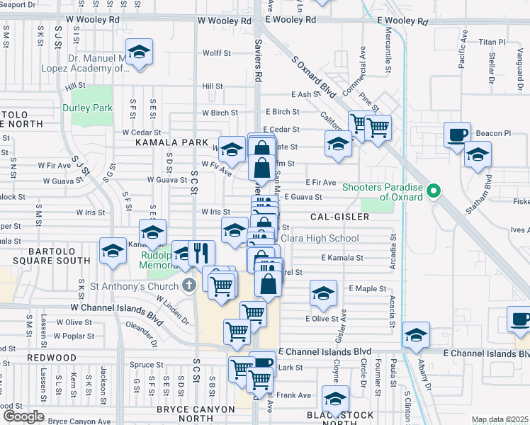 map of restaurants, bars, coffee shops, grocery stores, and more near 1940 Saviers Road in Oxnard