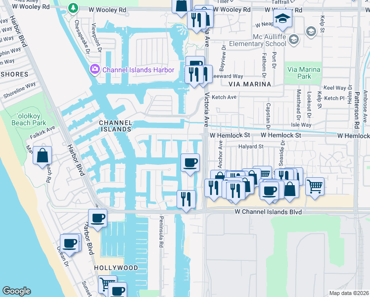 map of restaurants, bars, coffee shops, grocery stores, and more near 2101 Napoli Drive in Oxnard