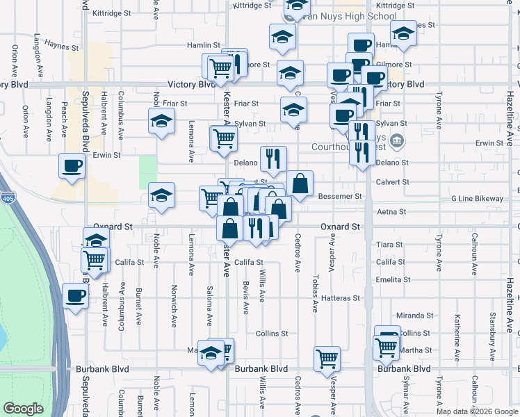 map of restaurants, bars, coffee shops, grocery stores, and more near 14755 Aetna Street in Los Angeles