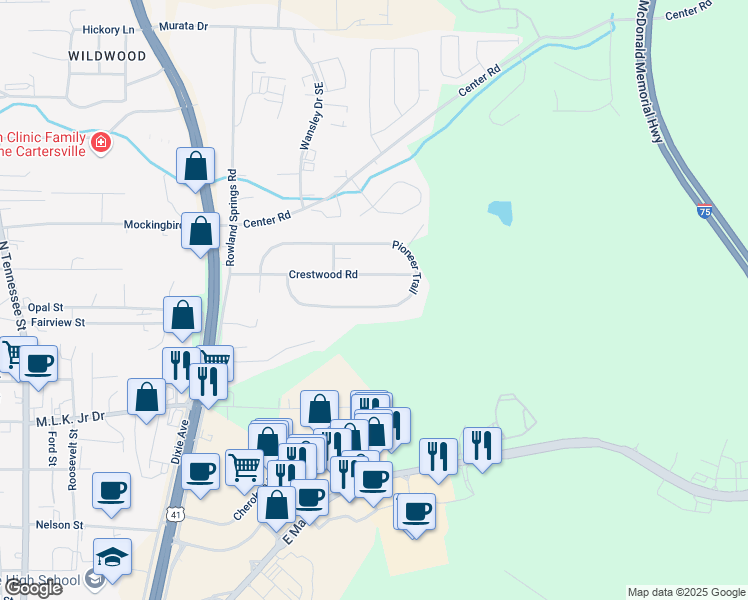 map of restaurants, bars, coffee shops, grocery stores, and more near 213 Pioneer Trail in Cartersville