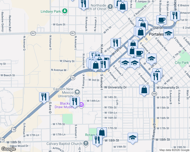 map of restaurants, bars, coffee shops, grocery stores, and more near 1111 West 2nd Street in Portales