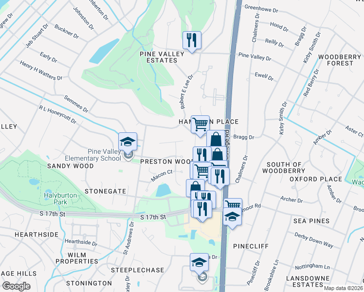 map of restaurants, bars, coffee shops, grocery stores, and more near 604 Van Dorn Court in Wilmington