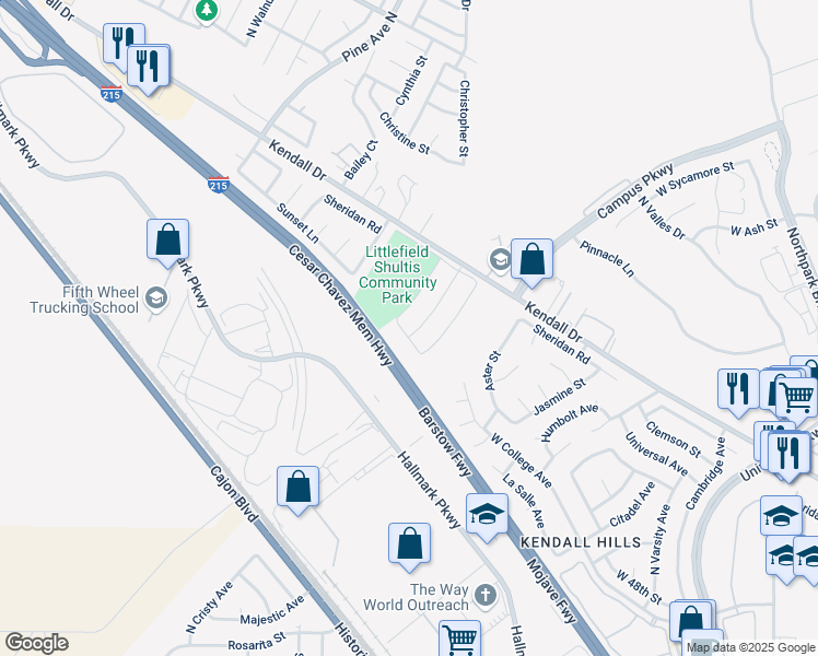 map of restaurants, bars, coffee shops, grocery stores, and more near 5582 Wagonwheel Road in San Bernardino