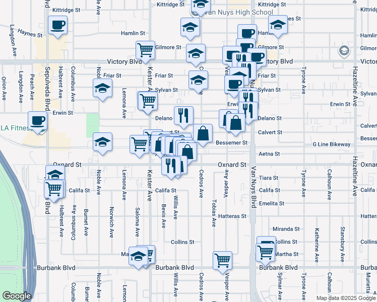 map of restaurants, bars, coffee shops, grocery stores, and more near 14715 Oxnard Street in Los Angeles