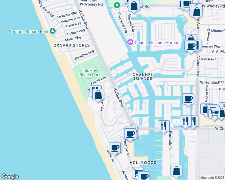 map of restaurants, bars, coffee shops, grocery stores, and more near 2027 Majorca Drive in Oxnard