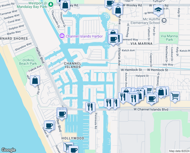 map of restaurants, bars, coffee shops, grocery stores, and more near 2100 Peninsula Road in Oxnard
