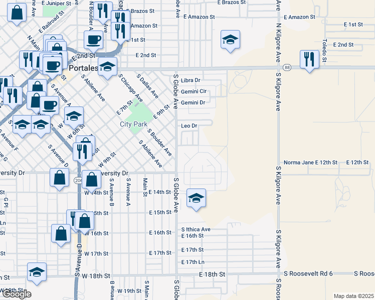 map of restaurants, bars, coffee shops, grocery stores, and more near 1100 Megan Court in Portales