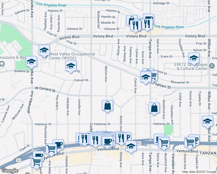 map of restaurants, bars, coffee shops, grocery stores, and more near 6034 Melvin Avenue in Los Angeles