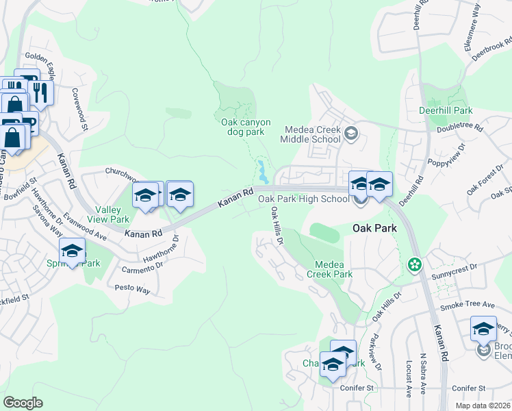 map of restaurants, bars, coffee shops, grocery stores, and more near 513 Water Oak Lane in Oak Park