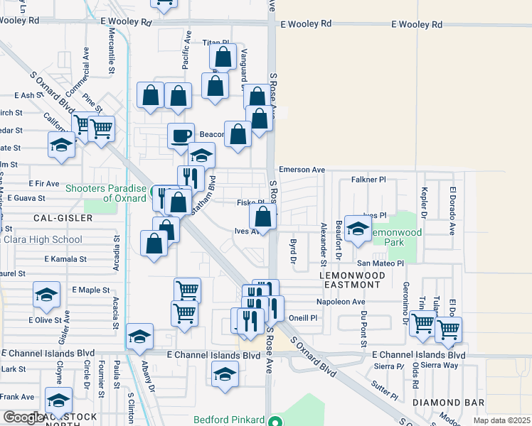 map of restaurants, bars, coffee shops, grocery stores, and more near 1740 Fiske Place in Oxnard