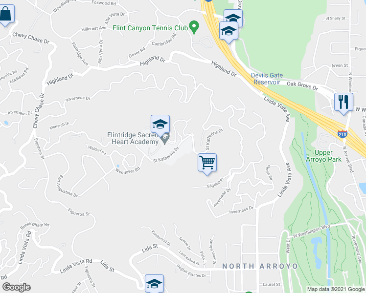map of restaurants, bars, coffee shops, grocery stores, and more near 440 Saint Katherine Drive in La Cañada Flintridge