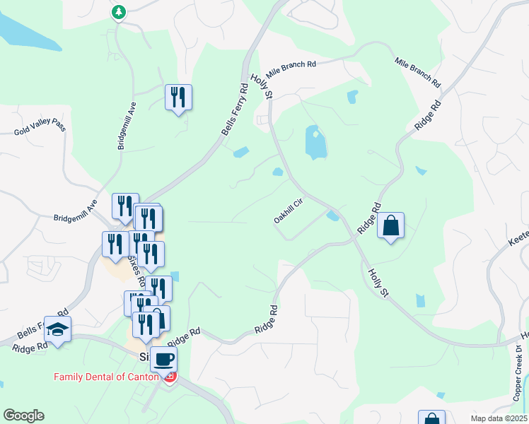 map of restaurants, bars, coffee shops, grocery stores, and more near 198 Oakhill Circle in Canton