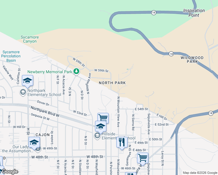 map of restaurants, bars, coffee shops, grocery stores, and more near 5706 North Pershing Avenue in San Bernardino