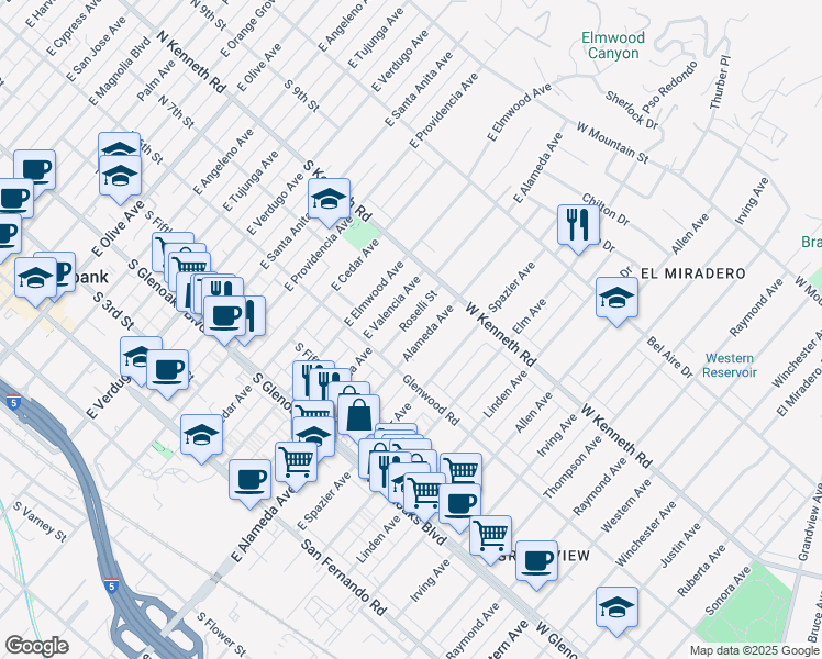 map of restaurants, bars, coffee shops, grocery stores, and more near 632 Roselli Street in Burbank