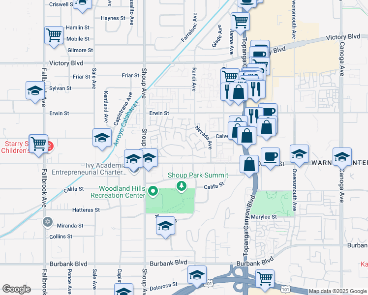 map of restaurants, bars, coffee shops, grocery stores, and more near 22221 Summit Vue Lane in Los Angeles