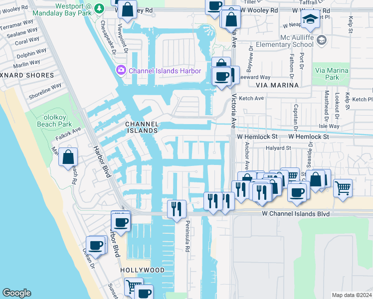 map of restaurants, bars, coffee shops, grocery stores, and more near 2100 Peninsula Road in Oxnard