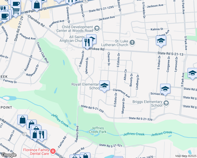 map of restaurants, bars, coffee shops, grocery stores, and more near 1017 Woodstone Drive in Florence