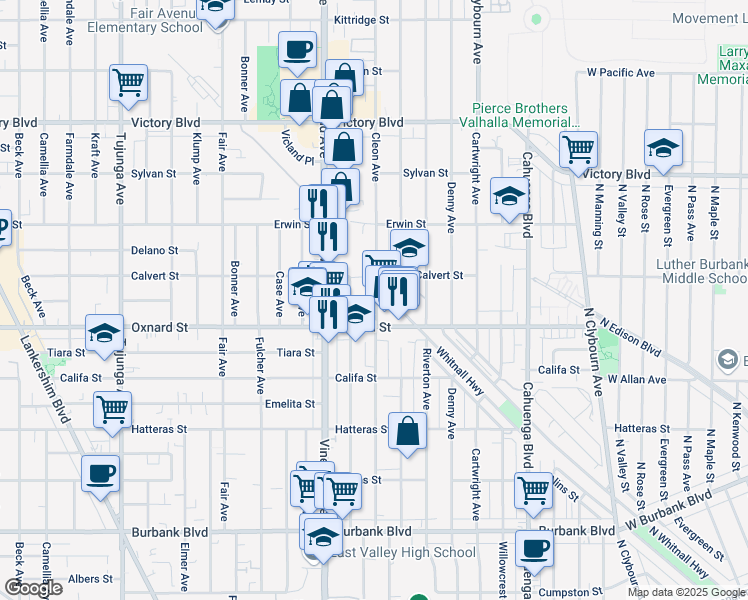 map of restaurants, bars, coffee shops, grocery stores, and more near 6029 Cleon Avenue in Los Angeles