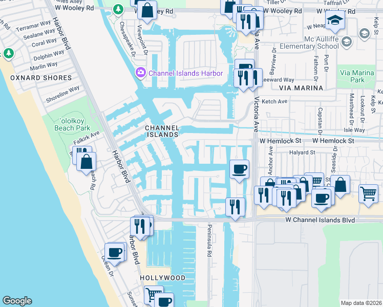 map of restaurants, bars, coffee shops, grocery stores, and more near 2061 Peninsula Road in Oxnard