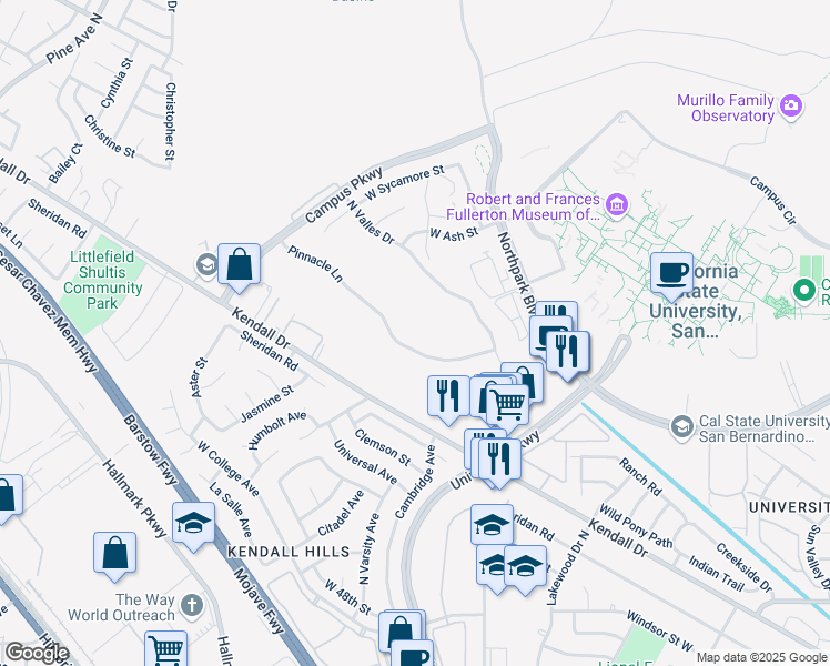 map of restaurants, bars, coffee shops, grocery stores, and more near 5461 Pinnacle Lane in San Bernardino