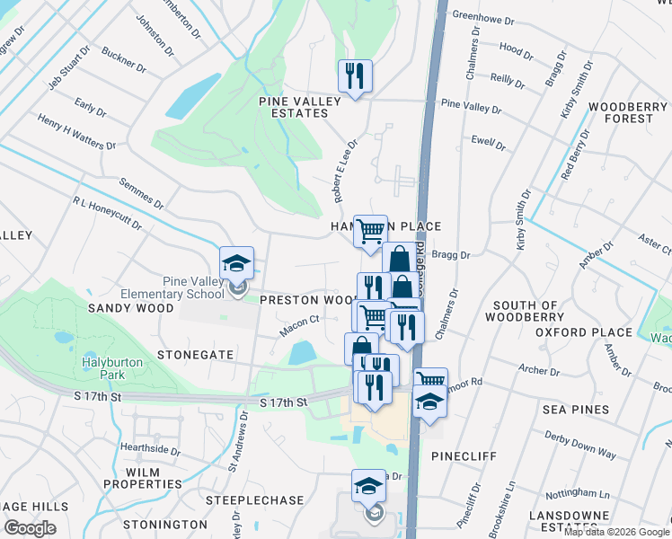map of restaurants, bars, coffee shops, grocery stores, and more near 604 Van Dorn Court in Wilmington