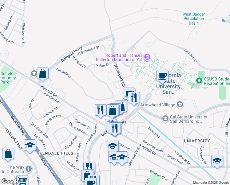 map of restaurants, bars, coffee shops, grocery stores, and more near 5431 North Valles Drive in San Bernardino