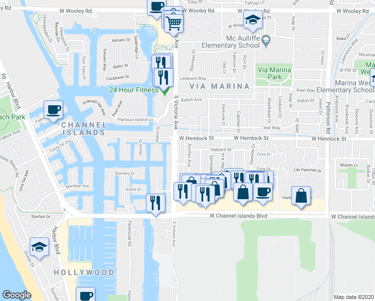 map of restaurants, bars, coffee shops, grocery stores, and more near 2655 Anchor Avenue in Port Hueneme