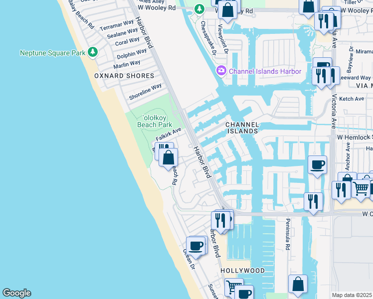 map of restaurants, bars, coffee shops, grocery stores, and more near 2007 Majorca Drive in Oxnard