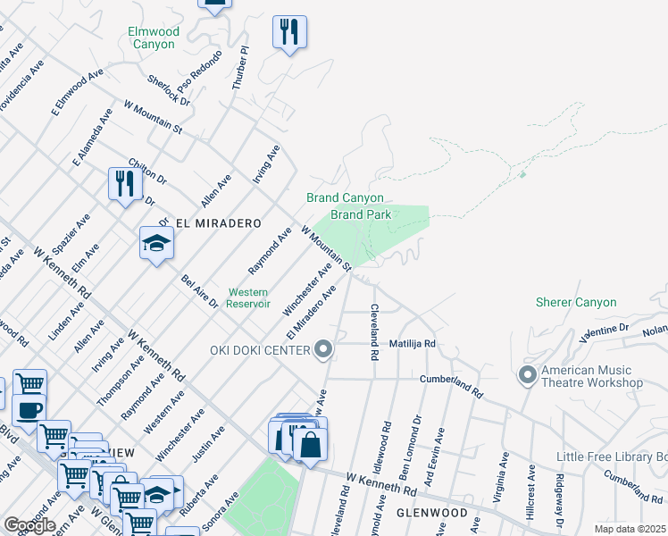 map of restaurants, bars, coffee shops, grocery stores, and more near 1556 Winchester Avenue in Glendale