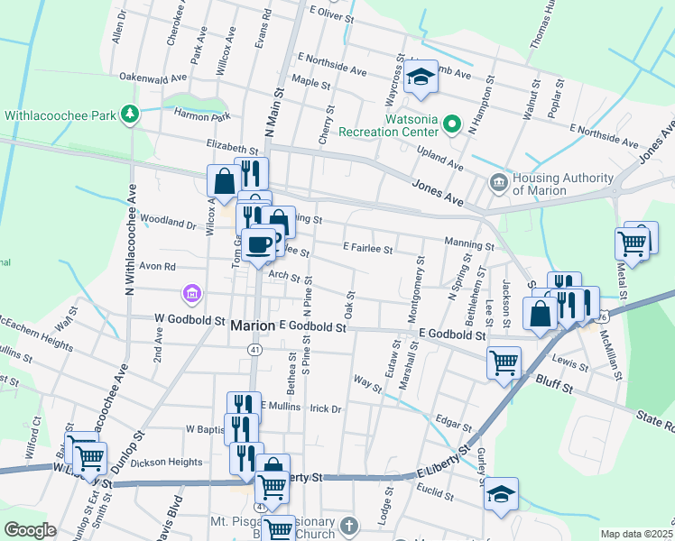 map of restaurants, bars, coffee shops, grocery stores, and more near 312 Harlee Street in Marion