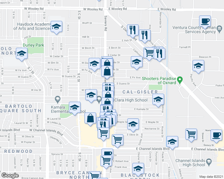 map of restaurants, bars, coffee shops, grocery stores, and more near 1941 San Marino Street in Oxnard