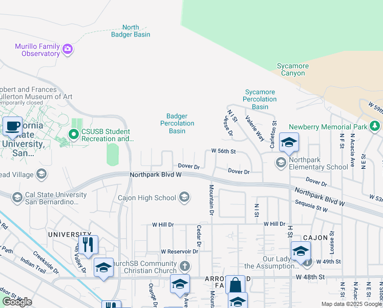 map of restaurants, bars, coffee shops, grocery stores, and more near 5564 Osborne Court in San Bernardino