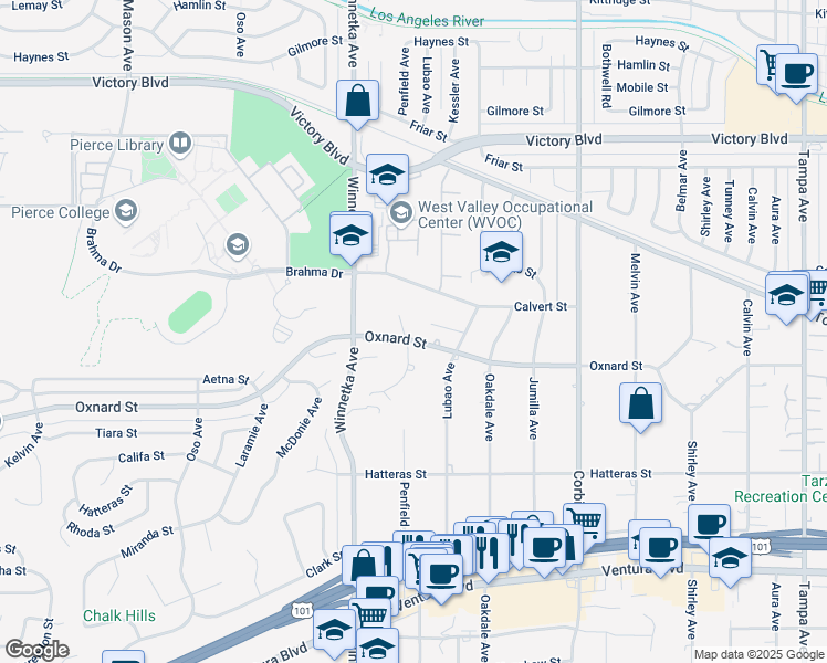 map of restaurants, bars, coffee shops, grocery stores, and more near 6024 Penfield Avenue in Los Angeles